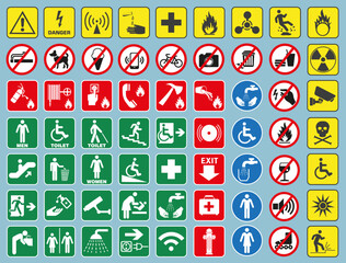 A set of essential signs that are used in public places. Bright colored marks.