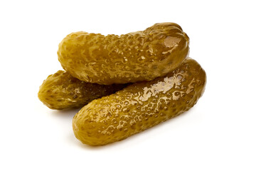 Delicious marinated pickled cucumbers, isolated on white background.