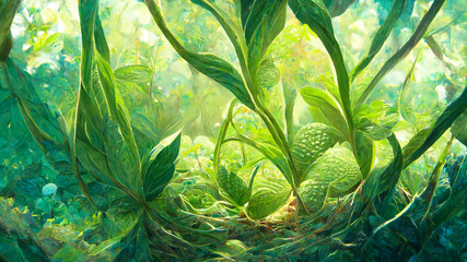 An illustration showing a green background with natural leaves and plants closeup