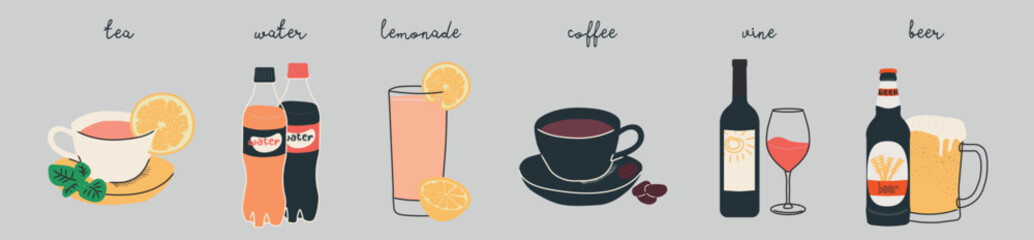 Set with drink. Hand drawn colored Vector illustrations.