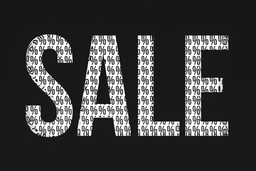 Symbol, word SALE with signs, percent symbols inside letters. Black and white SALE banner. 3D render.