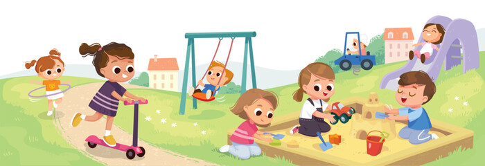 Group of kids playing on playground spending time in games, having fun, fooling around. Children playing in the park. Playground with kids. Summer activities. School yard with kids. Summer camp. - obrazy, fototapety, plakaty
