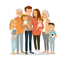 Portrait of big happy multi-generational family, siblings, relatives. Vector people. Seniors, mother and father with babies, children grandchildrens and grandparents. Grandma, grandpa, mom, dad.