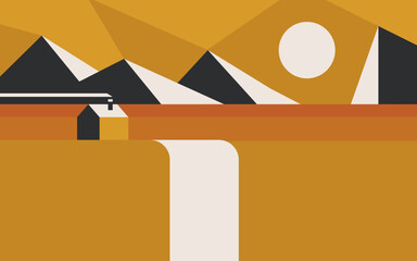 Vector illustration of a house next to a waterfall on a background of mountains. In autumn. Minimal style. © CaptainMCity