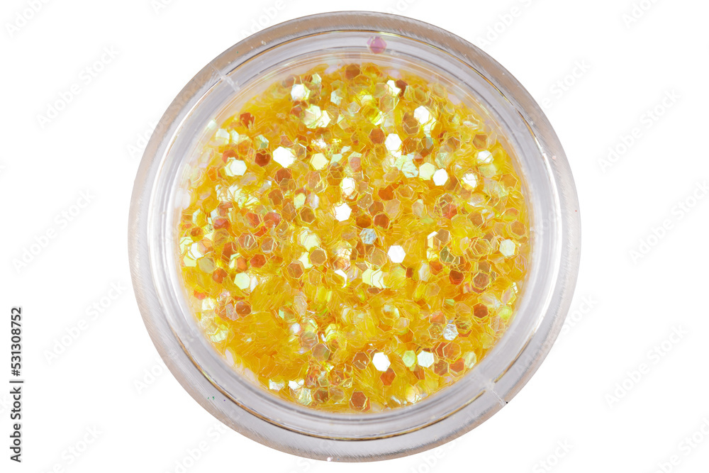 Poster colored sequins in a plastic jar isolated on a white