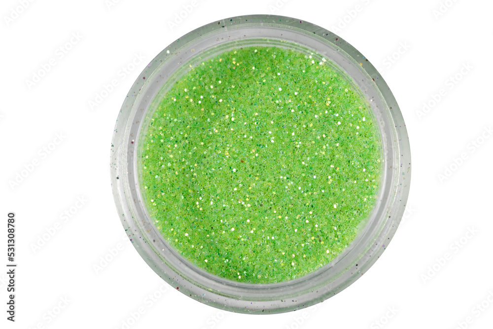 Poster colored sequins in a plastic jar isolated on a white