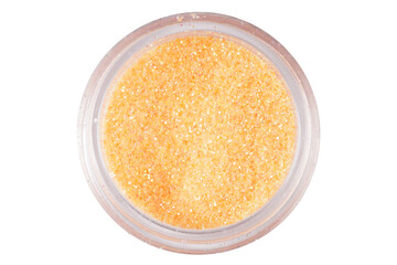 colored sequins in a plastic jar isolated on a white