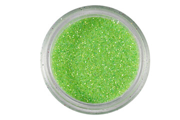 colored sequins in a plastic jar isolated on a white