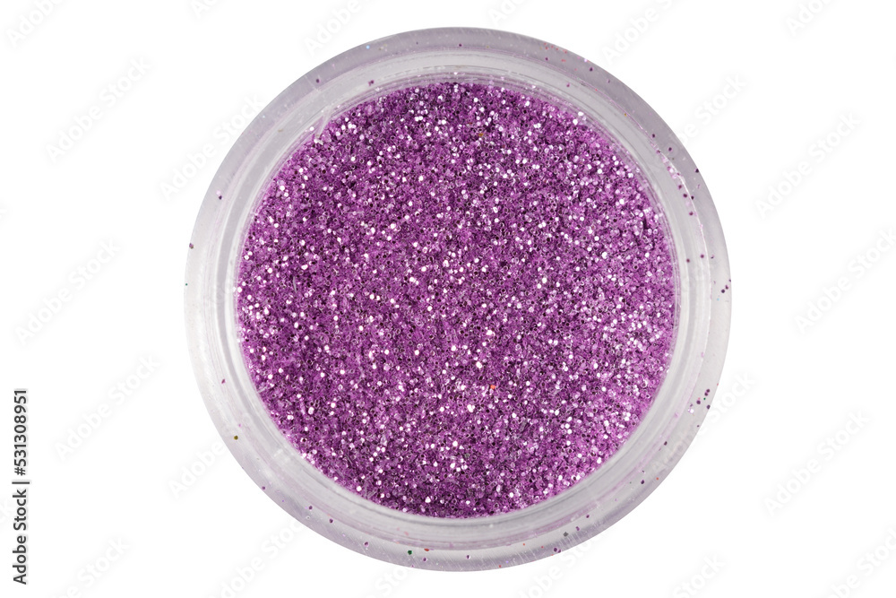 Poster colored sequins in a plastic jar isolated on a white