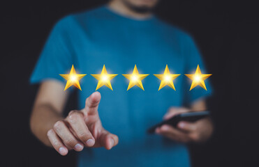 Customer review satisfaction concept, Man giving rating with Five star icon, Customer satisfaction...