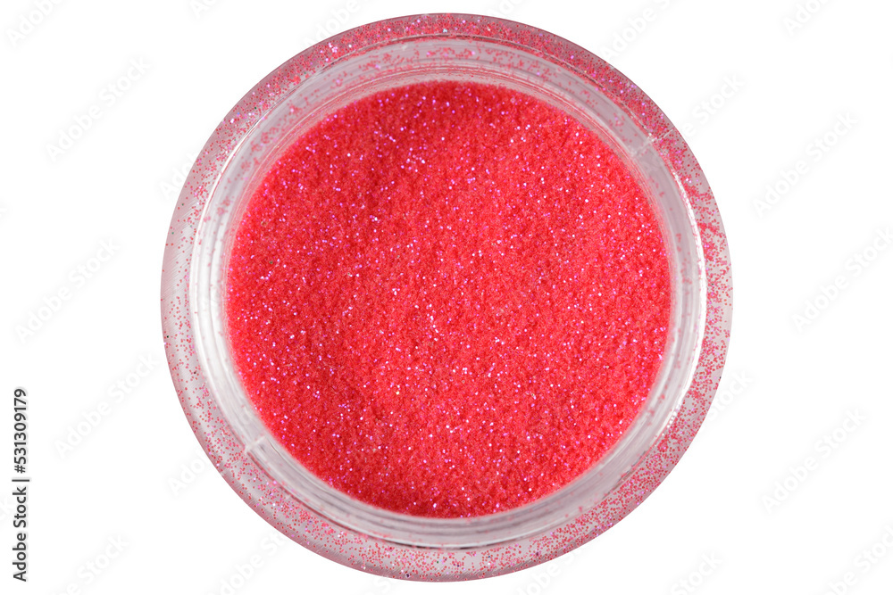 Poster colored sequins in a plastic jar isolated on a white