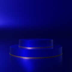 Gold cylinder podium and dark blue platforms for product presentation. 3d rendered illustration with geometric shapes. mockup minimal design with empty space. Abstract composition modern