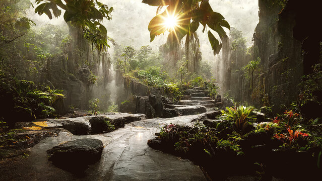 Hiking trail through tropical rainforest with waterfall and stones