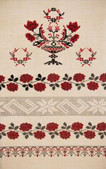 Traditional ethnic Ukrainian ornament embroidered on towe
