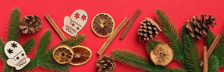 Christmas background with fir branches and Christmas decor. Top view, copy space for text