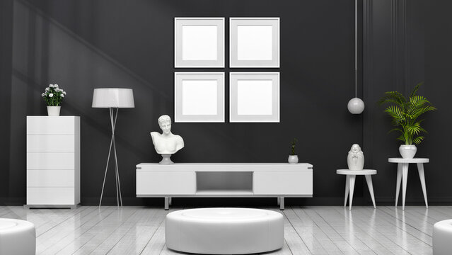 Four white square frames mockup. Modern black and white interior with furniture. Square picture frames mockup. Single empty mockup frame hanging on a black wall. 3d illustration.