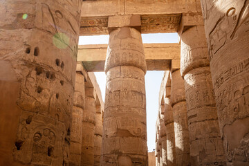 Different hieroglyphs on the walls and columns in the Karnak temple. Karnak temple is the largest complex in ancient Egypt.