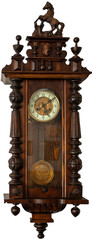 antique wall clock with a pendulum in a mahogany case on a transparent background, png