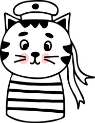 sailor cat. Portrait of cute pet. Hand drawn doodle style
