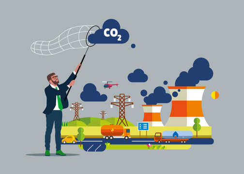 Businessman uses butterfly net to catch gas carbon dioxide symbol. Zero emission concept design. Flat vector illustration