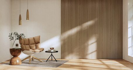 Armchair onEmpty room wabi sabi style. 3D illustration rendering.