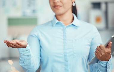 Business woman with open palm, hand and tablet, startup business funding or receiving gesture. Connection, support or charity collection, giving sign or presenting product idea, welcome or thank you.