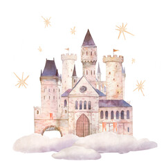 Watercolor fantasy castle. Sky kingdom with clouds. Fairytale illustration - 531313797
