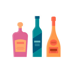 Bottle of liquor, vodka, champagne great design for any purposes. Icon bottle with cap and label. Flat style. Color form. Party drink concept. Simple image shape