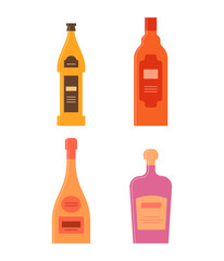 Bottle of beer, whiskey, champagne, liquor. Great design for any purposes. Icon bottle with cap and label. Flat style. Color form. Party drink concept. Simple image shape