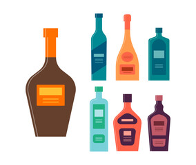 Set bottles of balsam vodka champagne gin tequila rum liquor. Icon bottle with cap and label. Graphic design for any purposes. Flat style. Color form. Party drink concept. Simple image shape