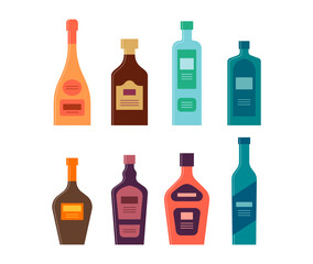 Set bottles of champagne rum gin tequila cognac liquor balsam vodka. Icon bottle with cap and label. Graphic design for any purposes. Flat style. Color form. Party drink concept. Simple image shape