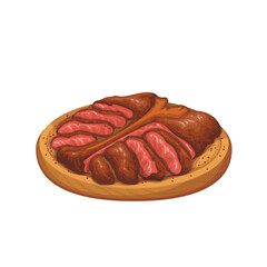 Bistecca alla fiorentina, Italian barbecue food vector illustration. Cartoon isolated wooden board with meat of grilled steak made of young beef cut in slices, beefsteak on plate in cuisine of Italy
