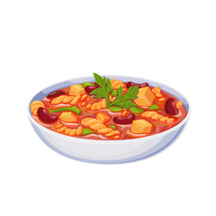 Minestrone, Italian food vector illustration. Cartoon isolated glass bowl with pasta, beans and vegetables, cheese and tomatoes in homemade thick soup, gourmet minestrone dish in cuisine of Italy - obrazy, fototapety, plakaty