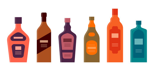 Set bottles of tequila balsam liquor whiskey brandy gin. Icon bottle with cap and label. Graphic design for any purposes. Flat style. Color form. Party drink concept. Simple image shape - obrazy, fototapety, plakaty