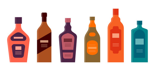 Set bottles of tequila balsam liquor whiskey brandy gin. Icon bottle with cap and label. Graphic design for any purposes. Flat style. Color form. Party drink concept. Simple image shape