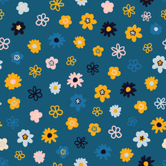 Fototapeta na wymiar Cute ditsy daisy seamless repeat pattern. Random placed, vector calico flowers all over surface print on bluish background.