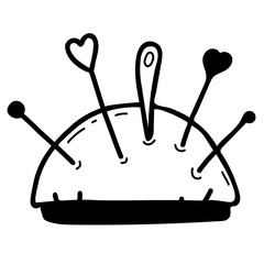 Pincushion with needles and pins. Sewing accessories. Linear Hand drawn doodle
