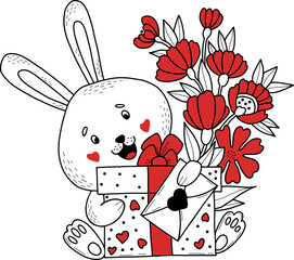 Cute bunny with gift and flowers. Cute animal. Hand drawing. doodle
