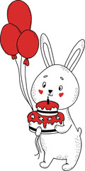 bunny with  with cake and balloons. Cute animal. Hand drawing. doodle
