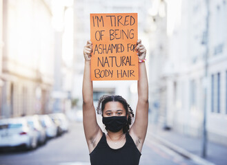 Women human rights, hair removal choice and protest, rally and feminist revolution against beauty standards, freedom and gender equality. Woman showing hairy body armpit, justice and poster opinion