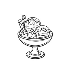 Ice cream balls in glass bowl outline icon vector illustration. Hand drawn line decorative twisted wafer sticks and drops of syrup liquid flow and melt over ice cream, summer tasty frozen food
