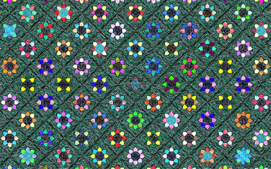 colorful pattern of elements like stars or flowers and green background texture fabric graphic art wallpaper design