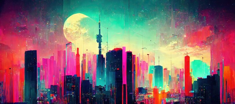 Modern Cityscape With Skyscrapers And City Skyline. CG Scenery Artwork. 