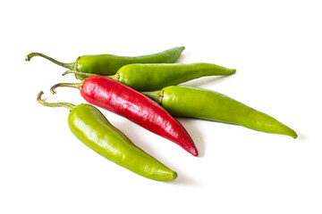 Several green and one red hot chili pepper pods