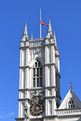 The Union Flag flying half-mast on the Westminster Abbey in London, UK