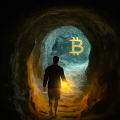 Man in a rabbit hole walking in a dark cave following a Bitcoin logo - obrazy, fototapety, plakaty