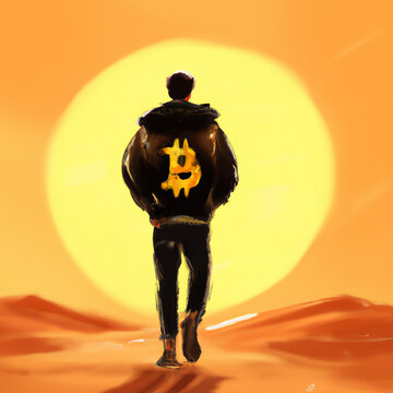 Man walking into sunset with a Bitcoin jacket in the desert