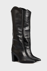 Blank black women's leather knee high boots isolated on white background. Female classic fashion...