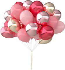 3d render illustration of realistic pink and golden balloons on transparent background. Big bunch of balloons