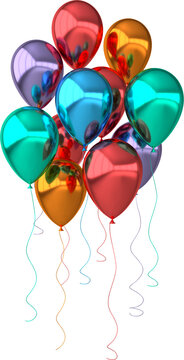 3d render illustration of realistic red, blue, green and purple balloons on transparent background. Big bunch of balloons